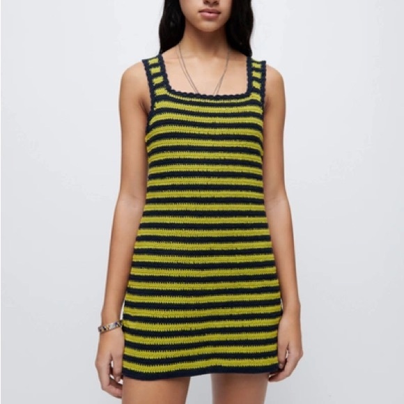 $395 NWOT  RE/DONE size S 70s Crochet Mini Dress Citrus / Navy Stripe - Picture 1 of 7